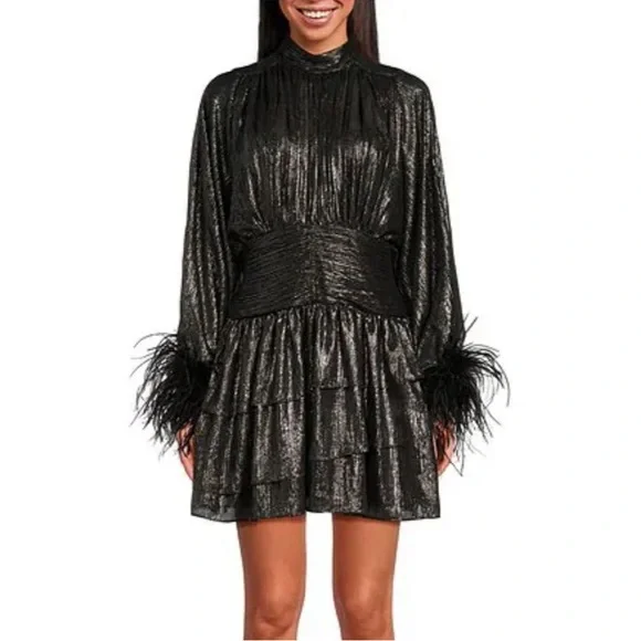 A Loves A Metallic Chiffon Feather Trim Ruched Mock Neck Long Sleeve Fit and Flare Blouson Flounce M, Womens, XL, Black/Silver